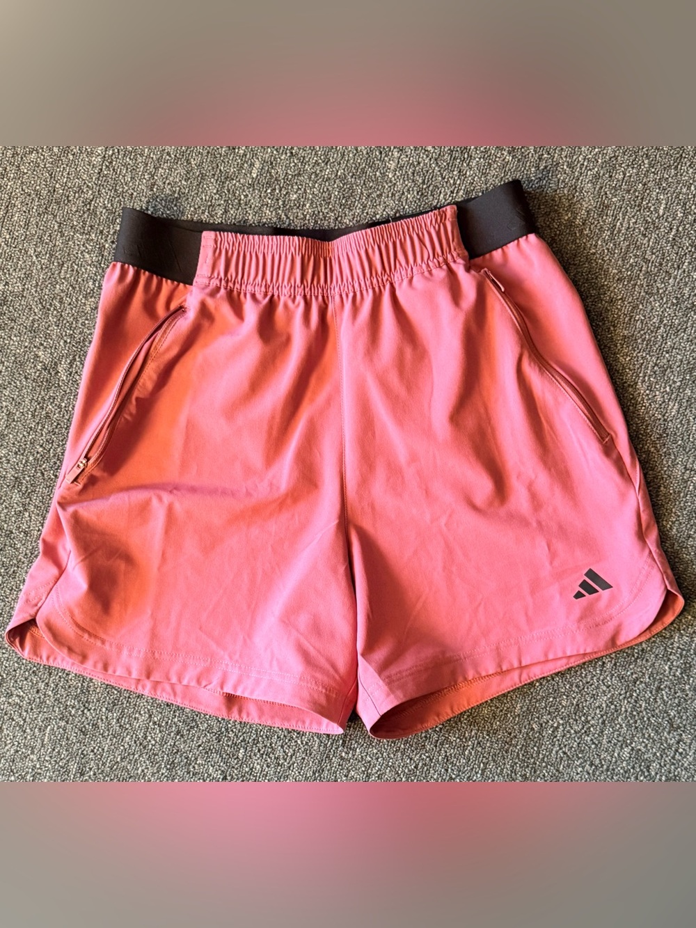 adidas Pink Athletic Shorts with Black Waistband and Zip Pockets